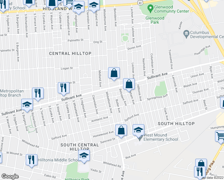 map of restaurants, bars, coffee shops, grocery stores, and more near 2125 Sullivant Avenue in Columbus