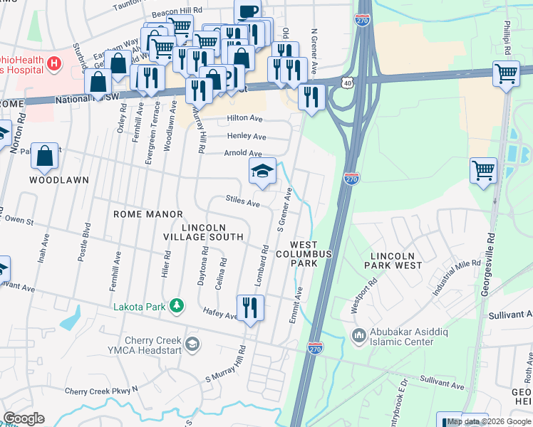 map of restaurants, bars, coffee shops, grocery stores, and more near 354 South Murray Hill Road in Columbus
