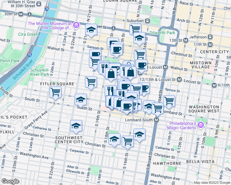map of restaurants, bars, coffee shops, grocery stores, and more near 341 South 18th Street in Philadelphia