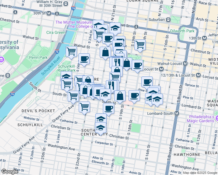 map of restaurants, bars, coffee shops, grocery stores, and more near 2023 Waverly Street in Philadelphia