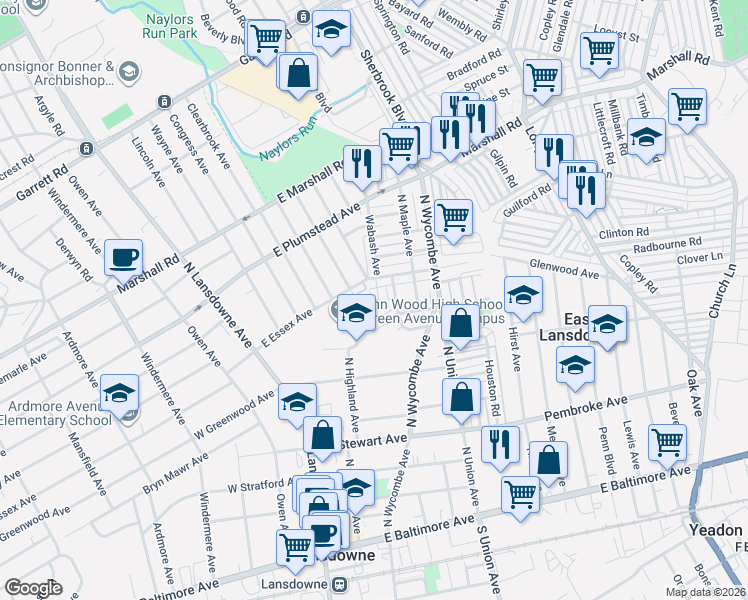 map of restaurants, bars, coffee shops, grocery stores, and more near 208 Wabash Avenue in Lansdowne