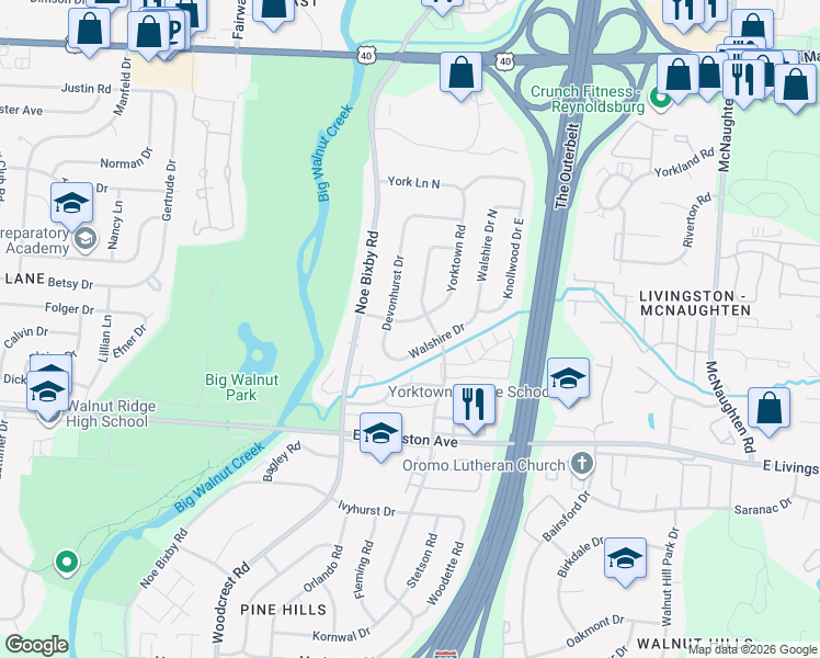 map of restaurants, bars, coffee shops, grocery stores, and more near 5419 York Lane South in Columbus