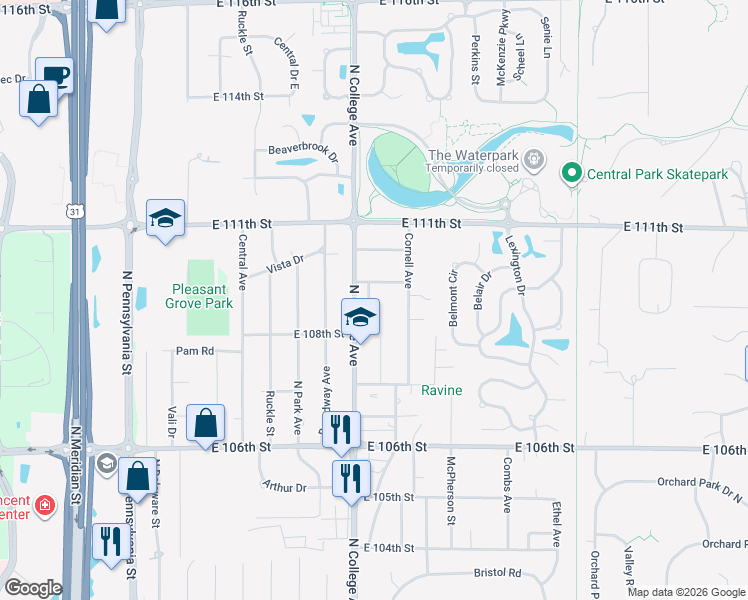 map of restaurants, bars, coffee shops, grocery stores, and more near 10915 College Place Drive in Indianapolis