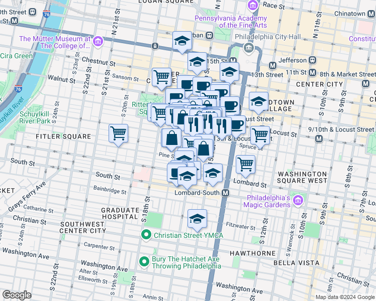 map of restaurants, bars, coffee shops, grocery stores, and more near 331 South Smedley Street in Philadelphia