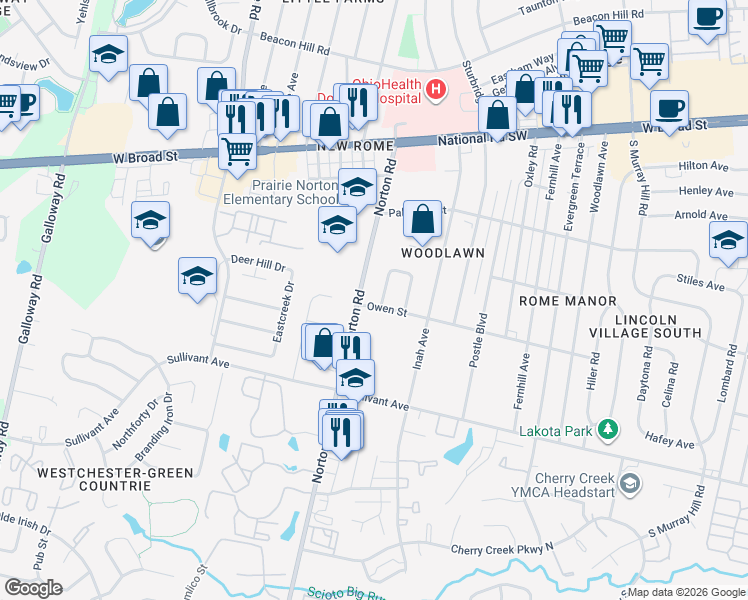 map of restaurants, bars, coffee shops, grocery stores, and more near 5192 Owen Street in Columbus