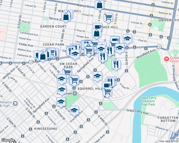 map of restaurants, bars, coffee shops, grocery stores, and more near 4613-15 Chester Avenue in Philadelphia