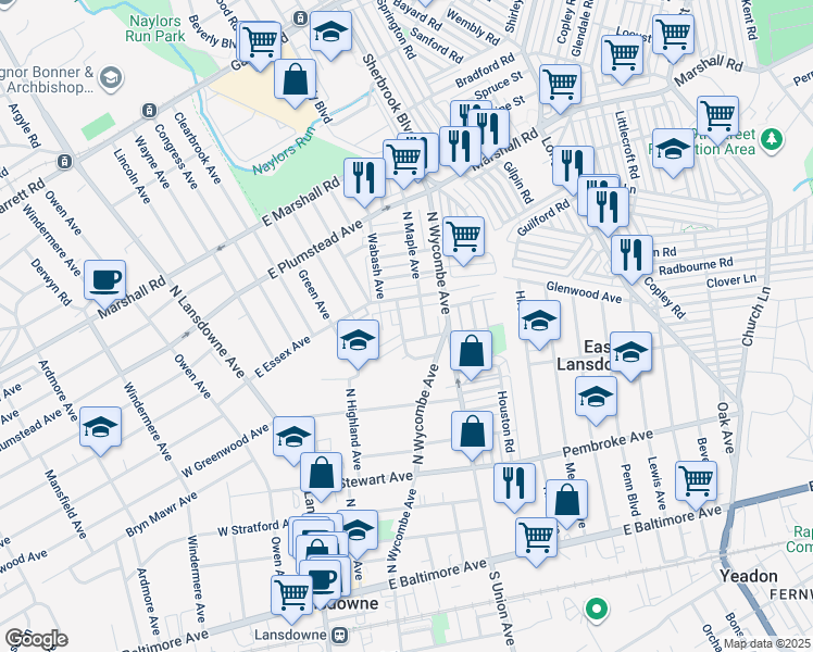 map of restaurants, bars, coffee shops, grocery stores, and more near 209 Hansell Road in Lansdowne