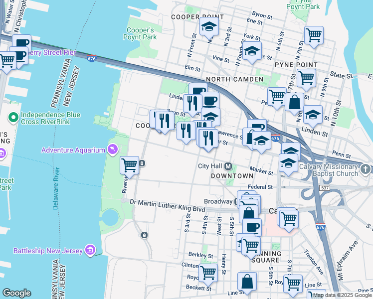 map of restaurants, bars, coffee shops, grocery stores, and more near 203 Market Street in Camden