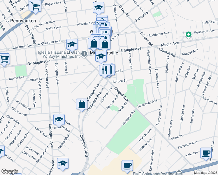 map of restaurants, bars, coffee shops, grocery stores, and more near 6345 Wisteria Avenue in Pennsauken Township