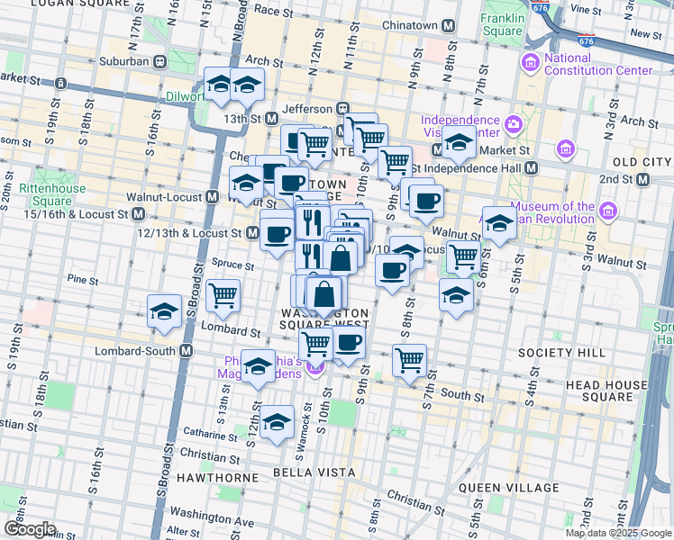 map of restaurants, bars, coffee shops, grocery stores, and more near 258 South Alder Street in Philadelphia