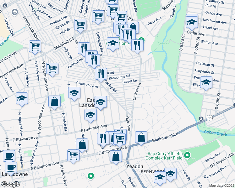 map of restaurants, bars, coffee shops, grocery stores, and more near 7130 Stockley Avenue in Delaware County