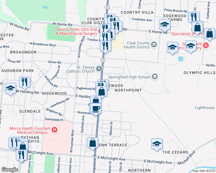 map of restaurants, bars, coffee shops, grocery stores, and more near 226 Englewood Road in Springfield