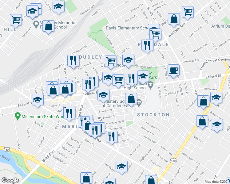 map of restaurants, bars, coffee shops, grocery stores, and more near 2912 Federal Street in Camden