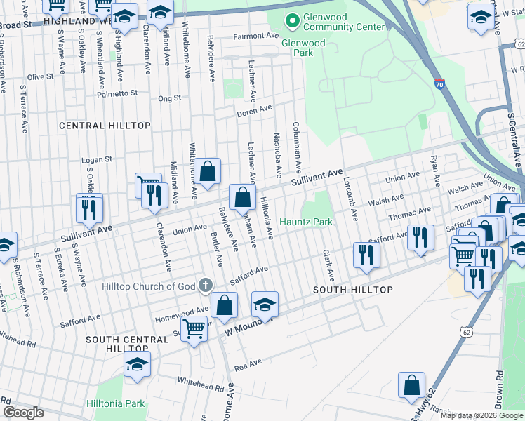 map of restaurants, bars, coffee shops, grocery stores, and more near 453 Hilltonia Avenue in Columbus