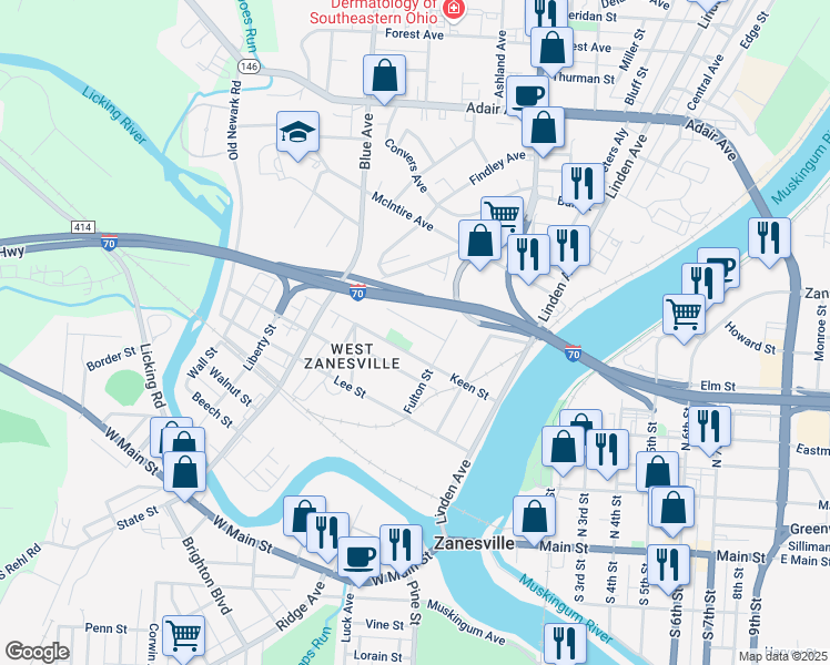 map of restaurants, bars, coffee shops, grocery stores, and more near 838 Turner Street in Zanesville