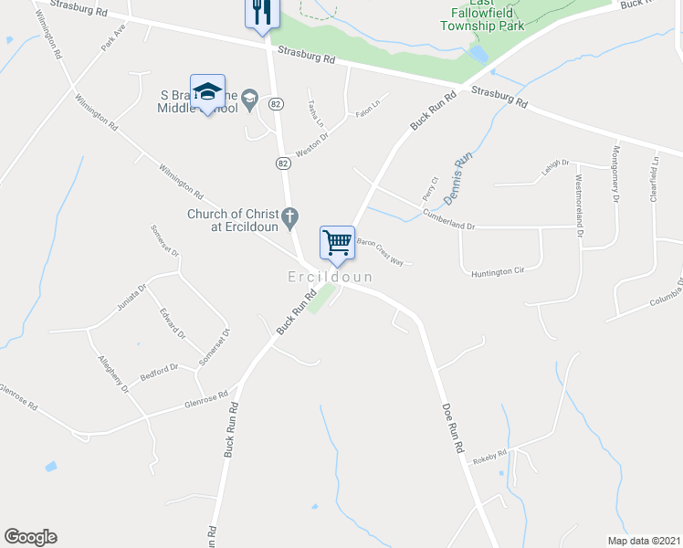 map of restaurants, bars, coffee shops, grocery stores, and more near 805 Doe Run Road in Coatesville