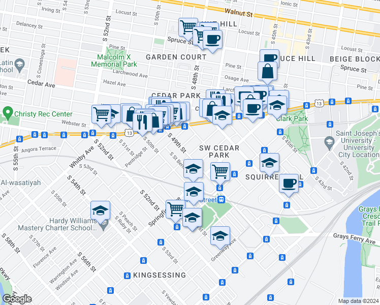 map of restaurants, bars, coffee shops, grocery stores, and more near 835 South 49th Street in Philadelphia