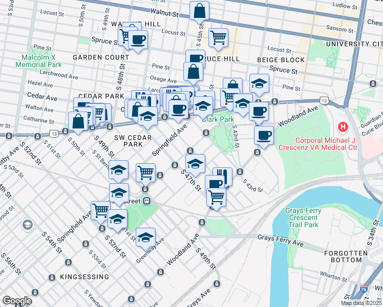 map of restaurants, bars, coffee shops, grocery stores, and more near 4600 Chester Avenue in Philadelphia