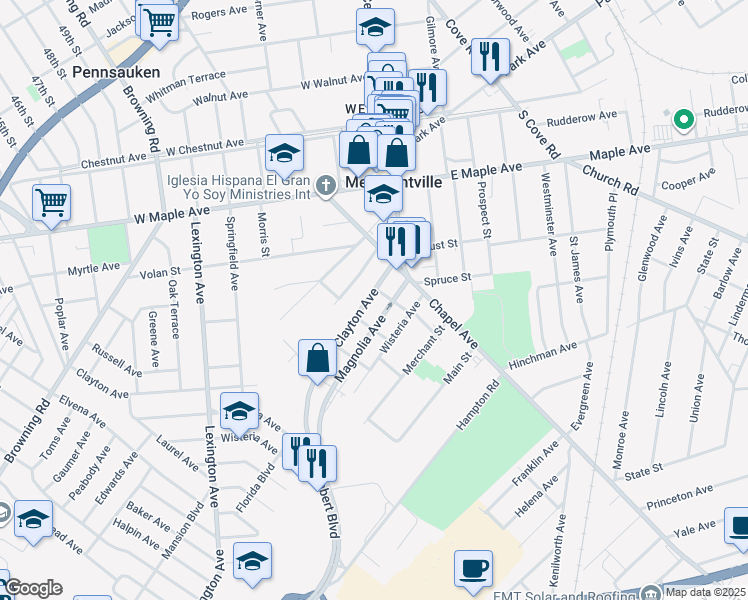 map of restaurants, bars, coffee shops, grocery stores, and more near 6236 Clayton Avenue in Pennsauken Township