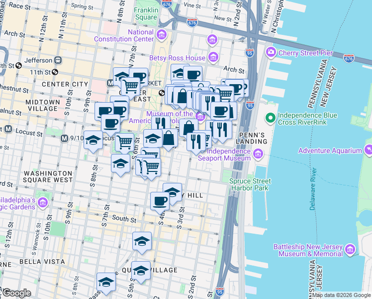 map of restaurants, bars, coffee shops, grocery stores, and more near 2 Willings Alley in Philadelphia