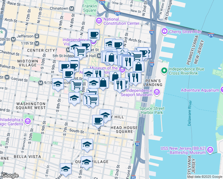 map of restaurants, bars, coffee shops, grocery stores, and more near 2 Willings Alley in Philadelphia