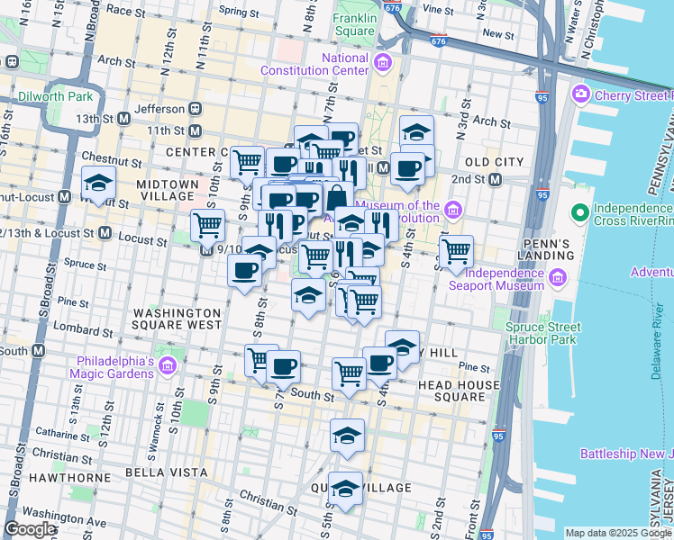 map of restaurants, bars, coffee shops, grocery stores, and more near 227 South 6th Street in Philadelphia