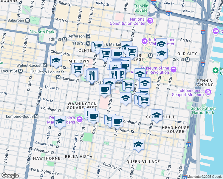 map of restaurants, bars, coffee shops, grocery stores, and more near 253 South 8th Street in Philadelphia