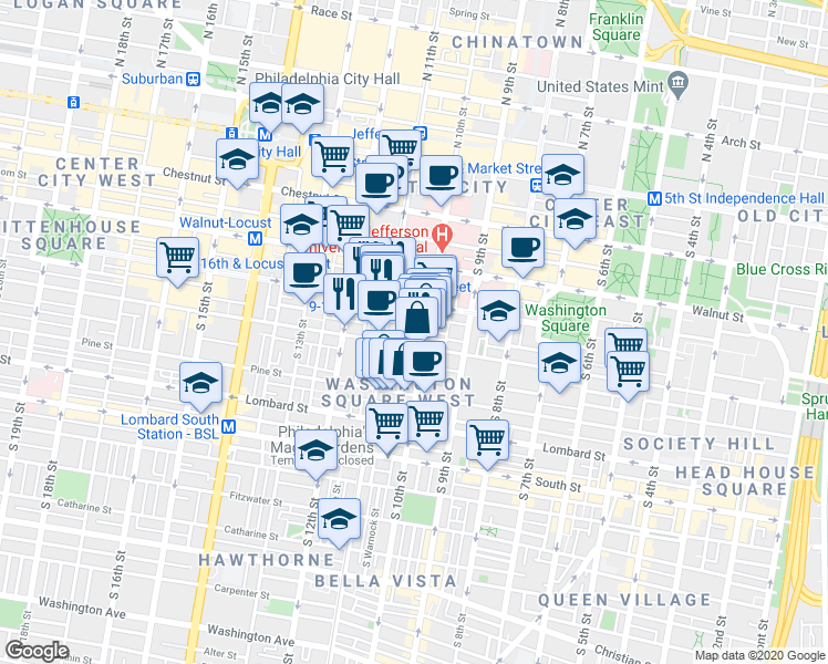 map of restaurants, bars, coffee shops, grocery stores, and more near 1029 Spruce Street in Philadelphia