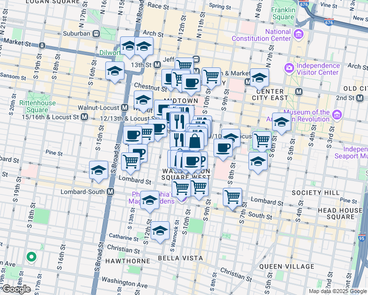 map of restaurants, bars, coffee shops, grocery stores, and more near 1029 Spruce Street in Philadelphia