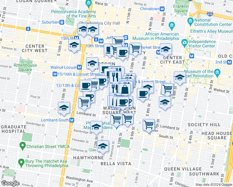map of restaurants, bars, coffee shops, grocery stores, and more near 1029 Spruce Street in Philadelphia