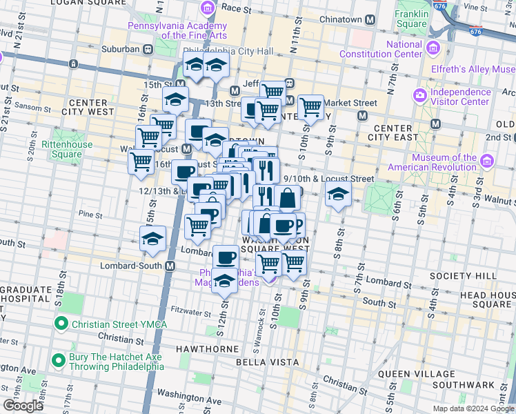 map of restaurants, bars, coffee shops, grocery stores, and more near 1123 Spruce Street in Philadelphia