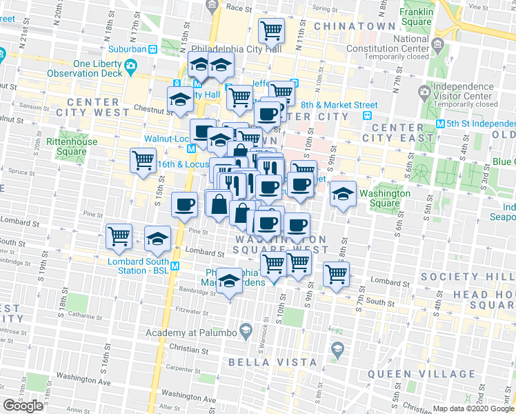 map of restaurants, bars, coffee shops, grocery stores, and more near in Philadelphia