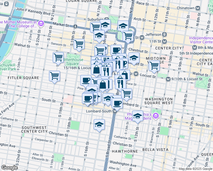 map of restaurants, bars, coffee shops, grocery stores, and more near in Philadelphia
