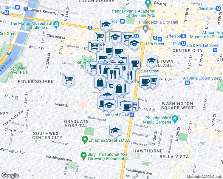 map of restaurants, bars, coffee shops, grocery stores, and more near 325 South 16th Street in Philadelphia