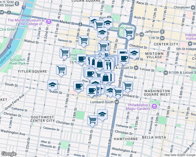 map of restaurants, bars, coffee shops, grocery stores, and more near 325 South 16th Street in Philadelphia