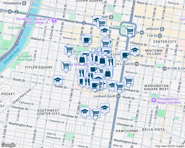 map of restaurants, bars, coffee shops, grocery stores, and more near 341 South 17th Street in Philadelphia