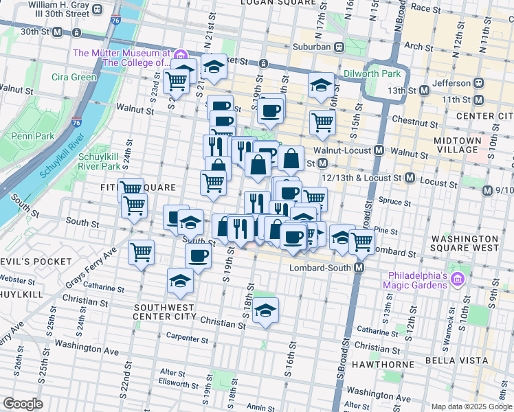 map of restaurants, bars, coffee shops, grocery stores, and more near 1826 Pine Street in Philadelphia