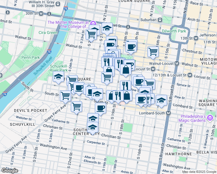 map of restaurants, bars, coffee shops, grocery stores, and more near 1920 Pine Street in Philadelphia