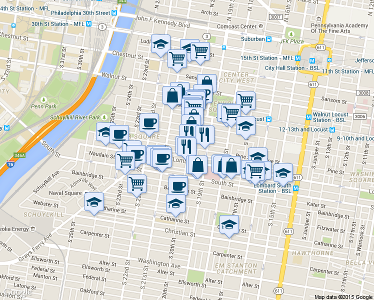 map of restaurants, bars, coffee shops, grocery stores, and more near in Philadelphia