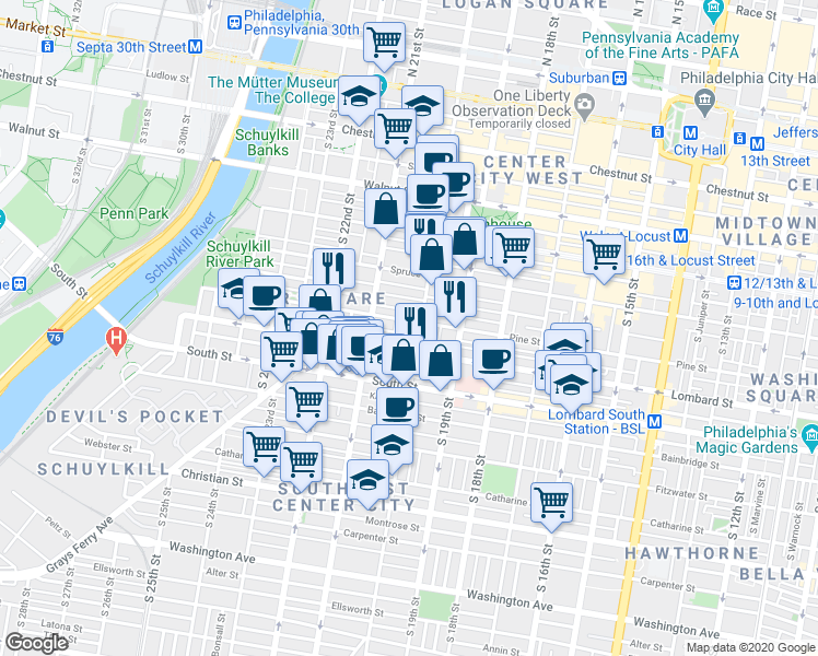 map of restaurants, bars, coffee shops, grocery stores, and more near in Philadelphia