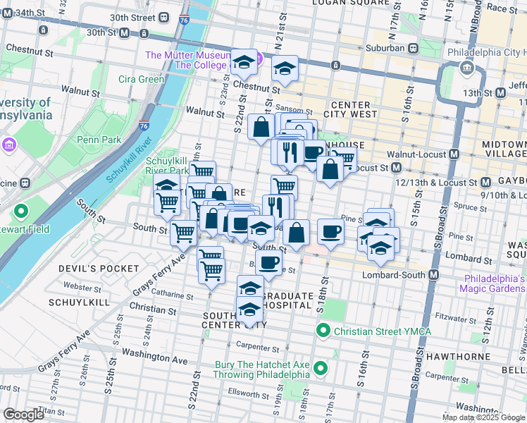 map of restaurants, bars, coffee shops, grocery stores, and more near in Philadelphia