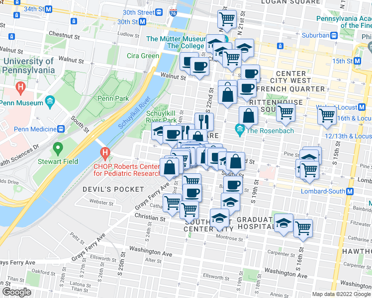 map of restaurants, bars, coffee shops, grocery stores, and more near 402 South 23rd Street in Philadelphia