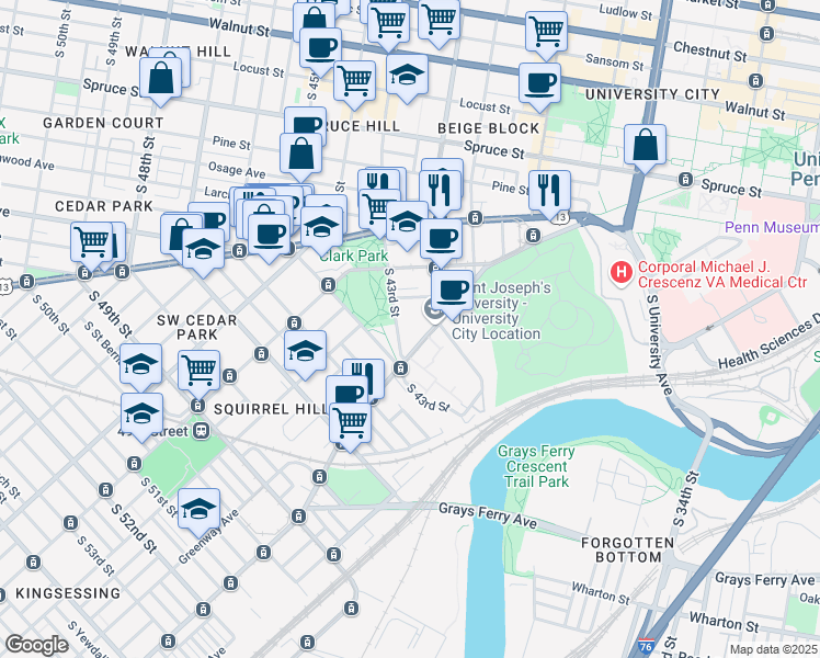 map of restaurants, bars, coffee shops, grocery stores, and more near 4445 Woodland Avenue in Philadelphia