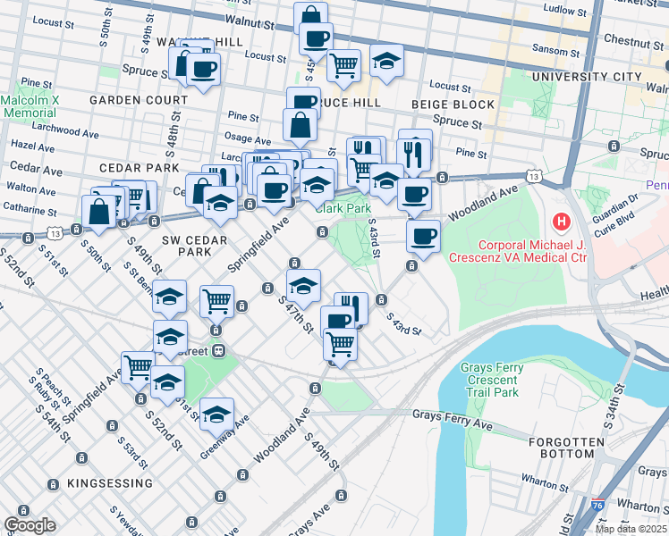 map of restaurants, bars, coffee shops, grocery stores, and more near 4534 Regent Street in Philadelphia