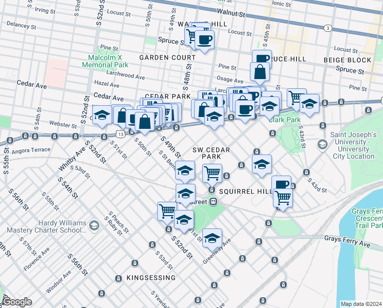 map of restaurants, bars, coffee shops, grocery stores, and more near 914 South 48th Street in Philadelphia