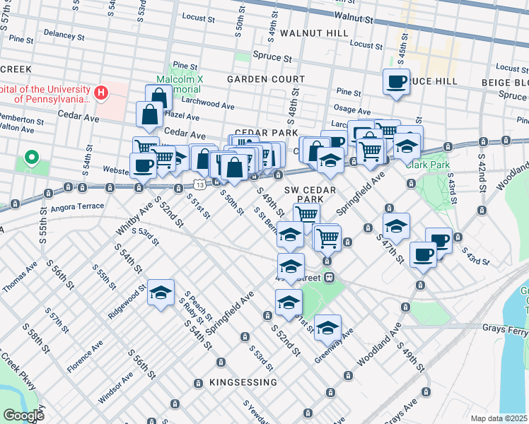 map of restaurants, bars, coffee shops, grocery stores, and more near 817 South Saint Bernard Street in Philadelphia
