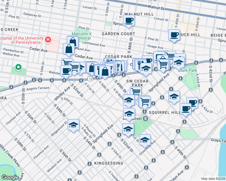 map of restaurants, bars, coffee shops, grocery stores, and more near 817 South Saint Bernard Street in Philadelphia