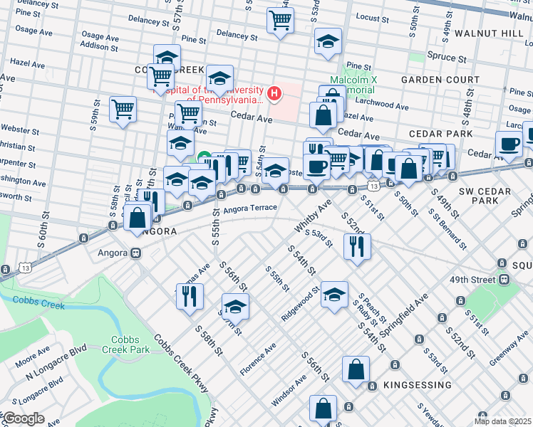 map of restaurants, bars, coffee shops, grocery stores, and more near 5326 Angora Terrace in Philadelphia