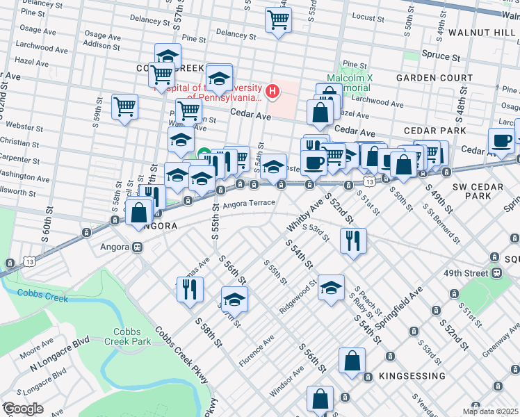 map of restaurants, bars, coffee shops, grocery stores, and more near 5326 Angora Terrace in Philadelphia