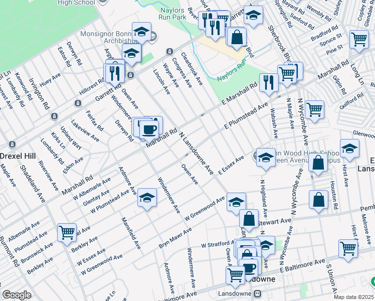 map of restaurants, bars, coffee shops, grocery stores, and more near 9 West Plumstead Avenue in Lansdowne